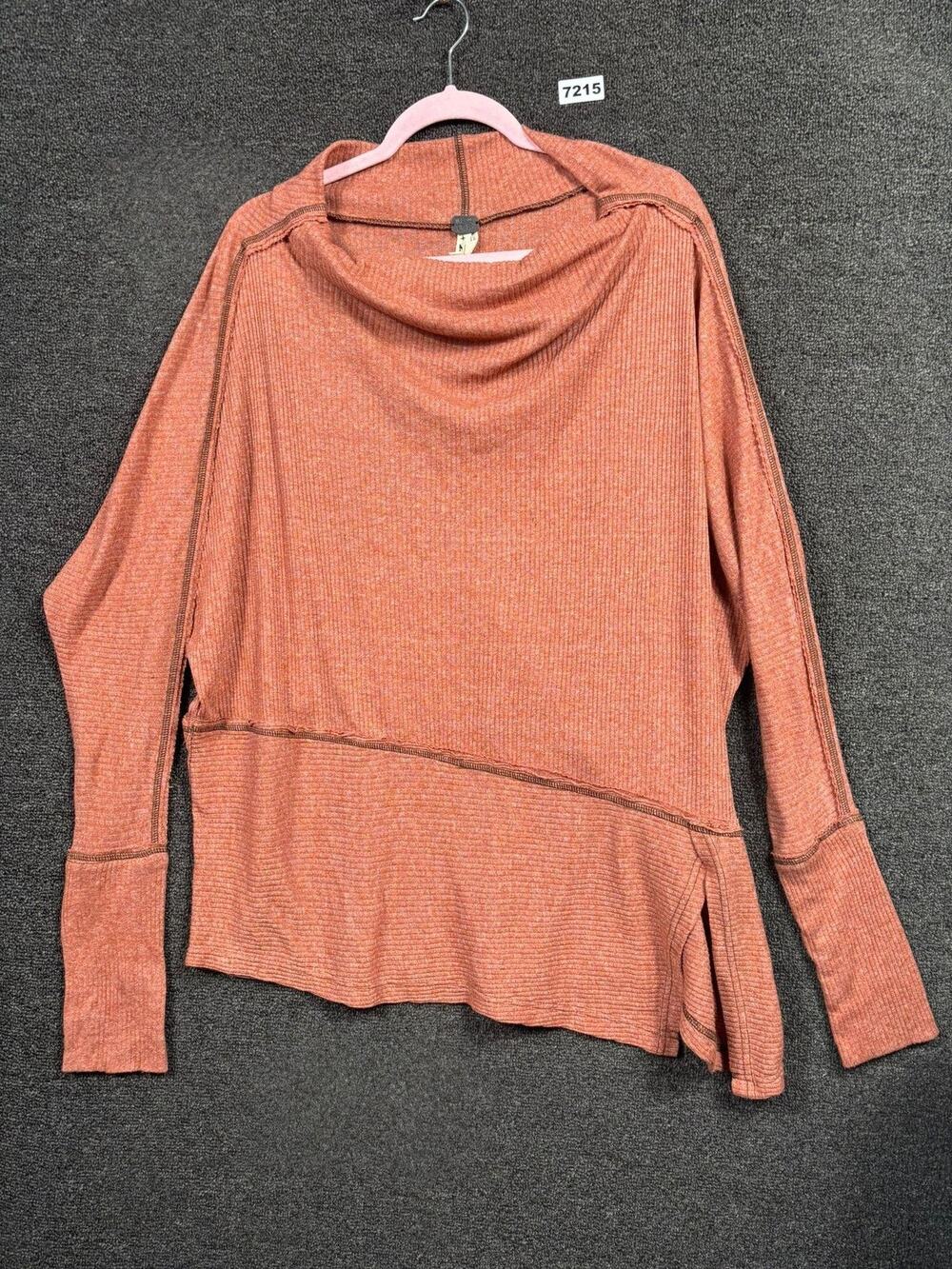 We The Free Sweater Womens Medium Large Orange Ribbed Cowl Neck Asymmetrical Hem